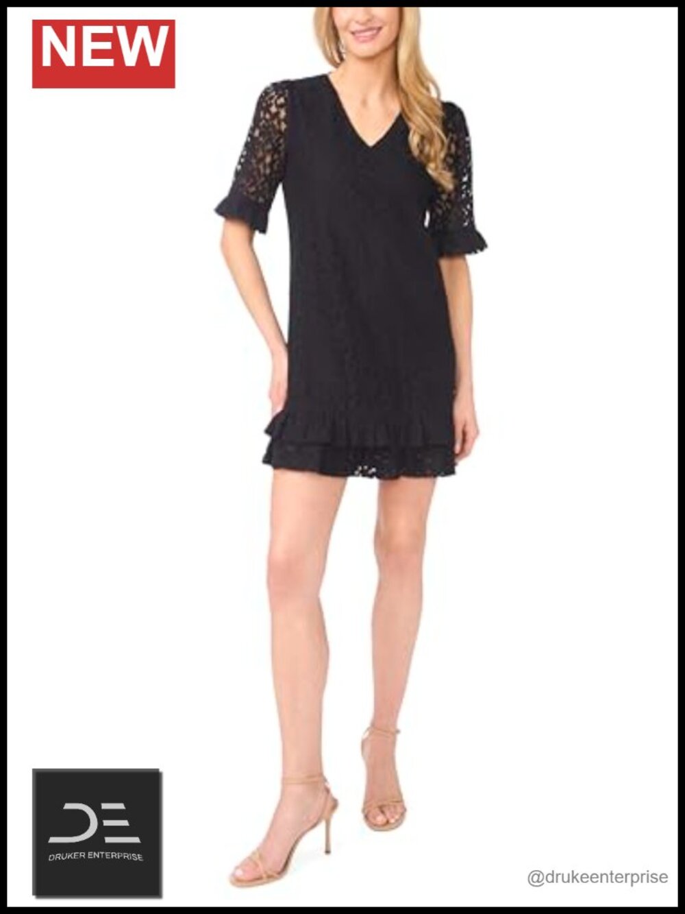 CeCe Lace V-Neck Shift Dress Ruffle Sleeve Mini